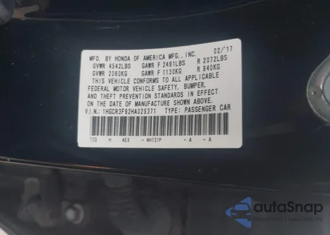 2017 Honda Accord Touring V6 z USA, uszkodzony, nr VIN 1HGCR3F92HA025371